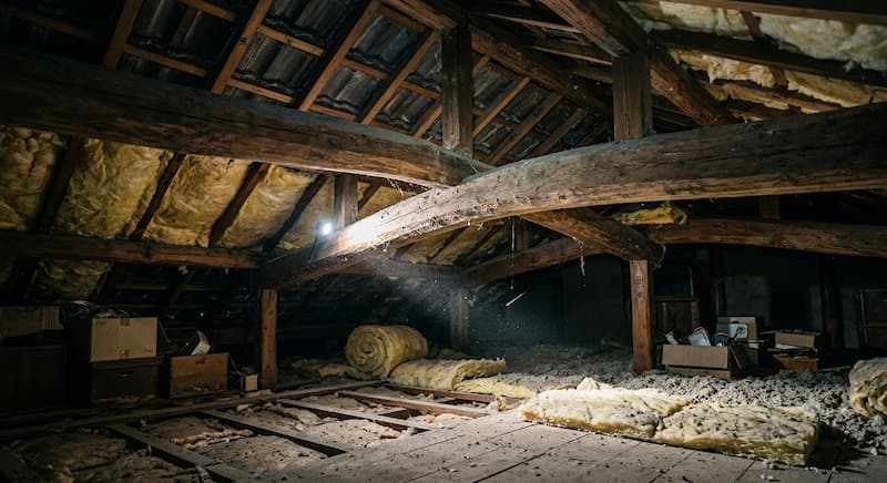 懐中電灯で照らされた木造住宅の天井裏の梁と断熱材